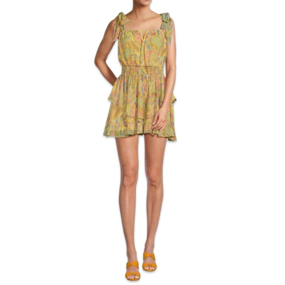 NWT Ramy Brook Frankie Chiffon Mini Dress, Tie Straps,‎ Smocked Waist Yellow M